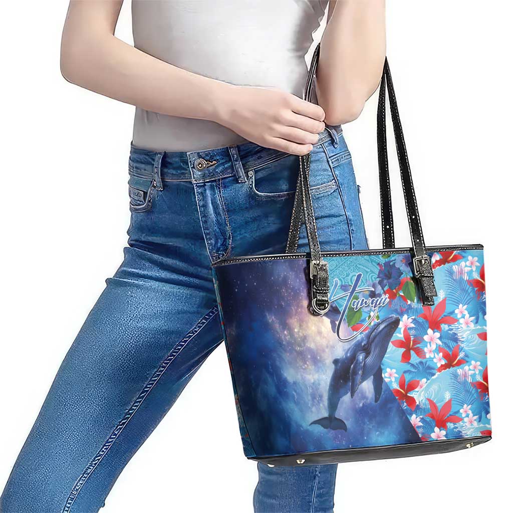Hawaii Aloha Whales Leather Tote Bag Hibiscus and Whales with Polynesian Pattern - Polynesian Pride