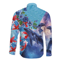 Hawaii Aloha Whales Long Sleeve Button Shirt Hibiscus and Whales with Polynesian Pattern - Polynesian Pride