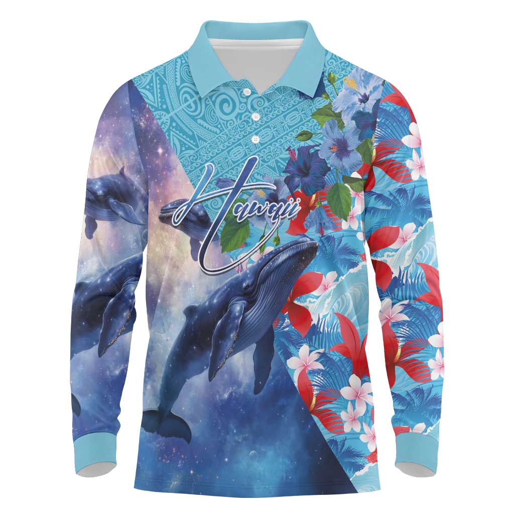 Hawaii Aloha Whales Long Sleeve Polo Shirt Hibiscus and Whales with Polynesian Pattern - Polynesian Pride