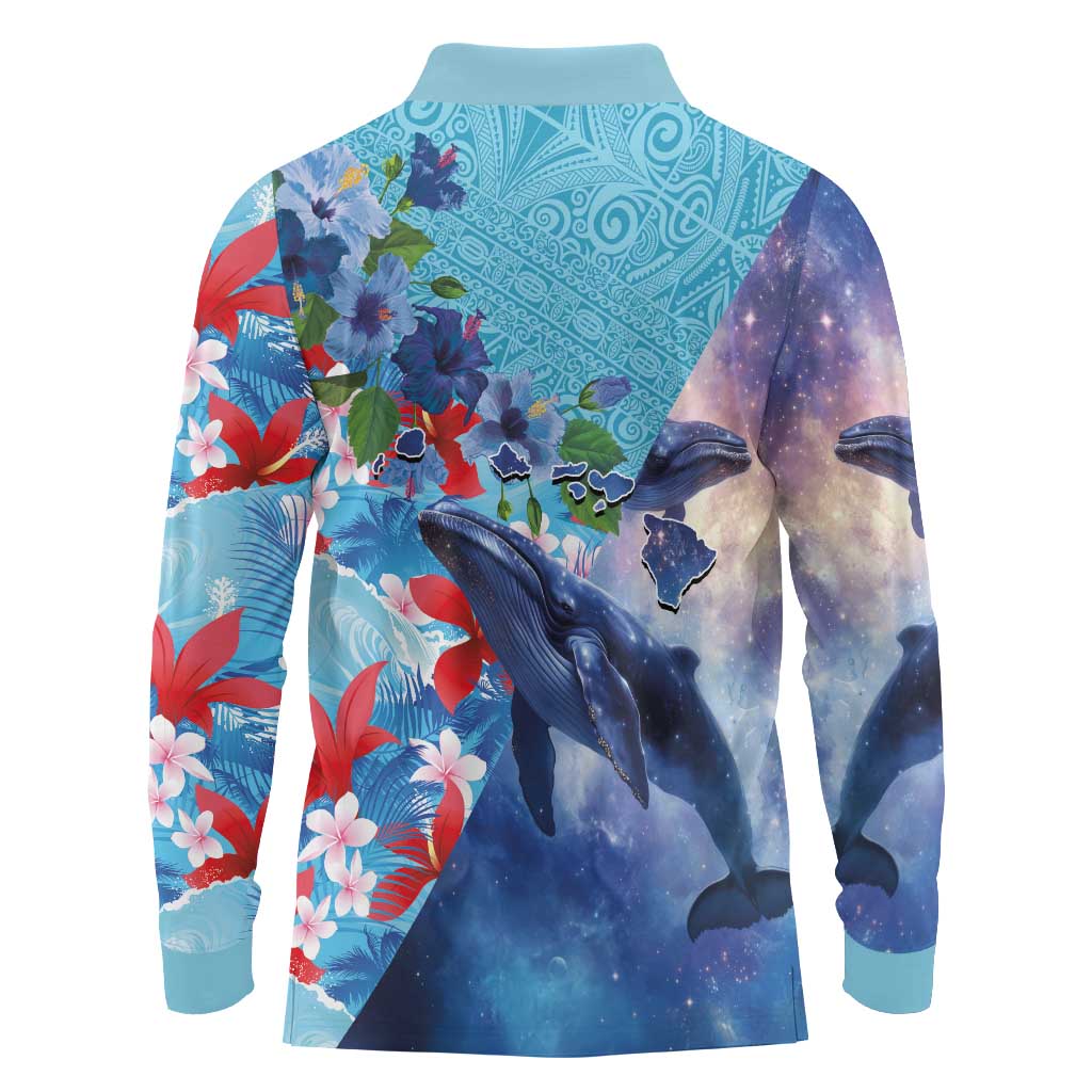 Hawaii Aloha Whales Long Sleeve Polo Shirt Hibiscus and Whales with Polynesian Pattern - Polynesian Pride