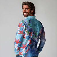 Hawaii Aloha Whales Long Sleeve Polo Shirt Hibiscus and Whales with Polynesian Pattern - Polynesian Pride