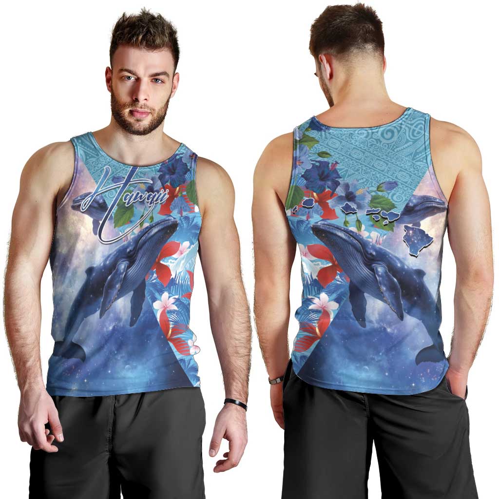 Hawaii Aloha Whales Men Tank Top Hibiscus and Whales with Polynesian Pattern - Polynesian Pride