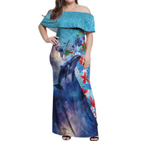 Hawaii Aloha Whales Off Shoulder Maxi Dress Hibiscus and Whales with Polynesian Pattern - Polynesian Pride