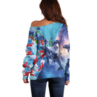 Hawaii Aloha Whales Off Shoulder Sweater Hibiscus and Whales with Polynesian Pattern - Polynesian Pride