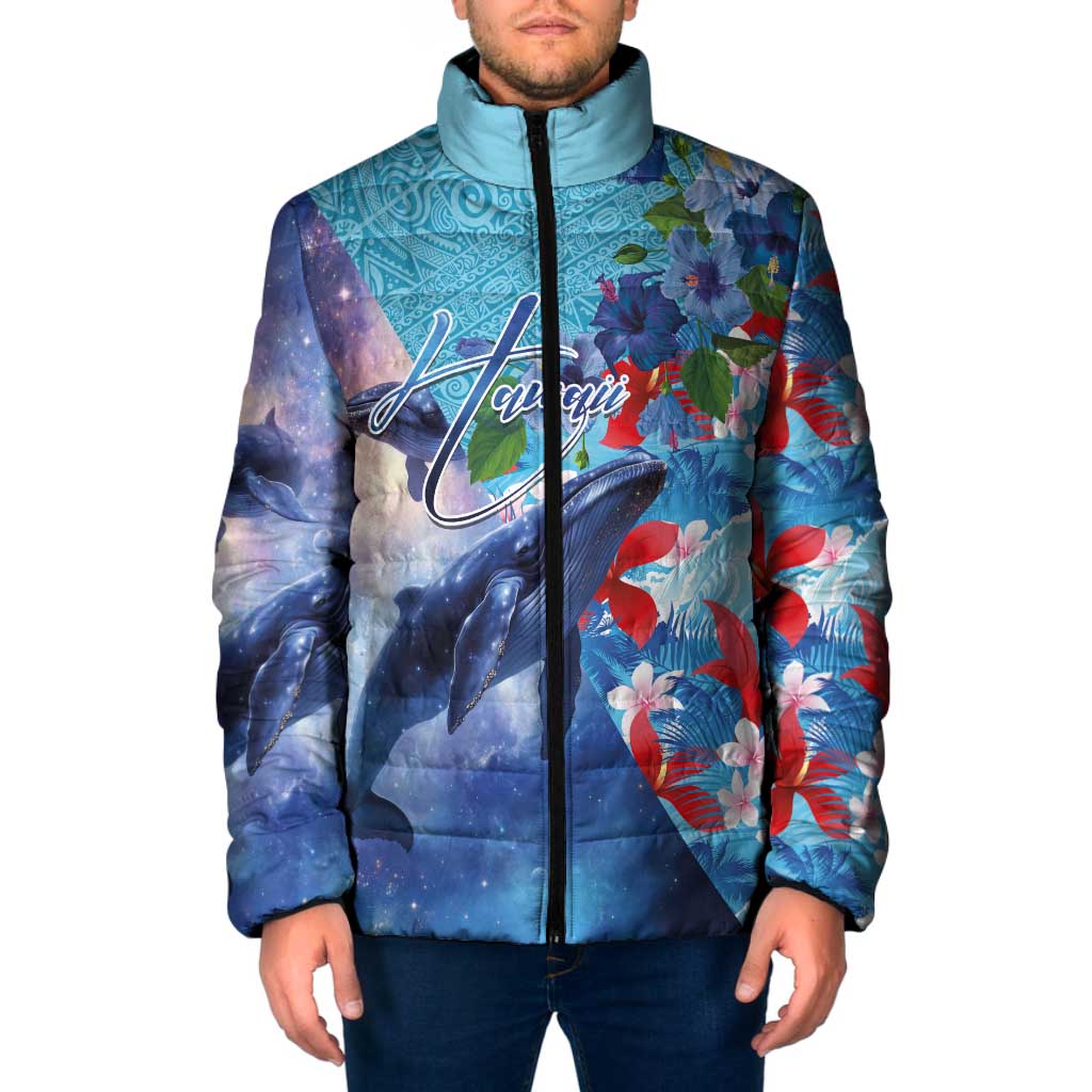 Hawaii Aloha Whales Padded Jacket Hibiscus and Whales with Polynesian Pattern - Polynesian Pride