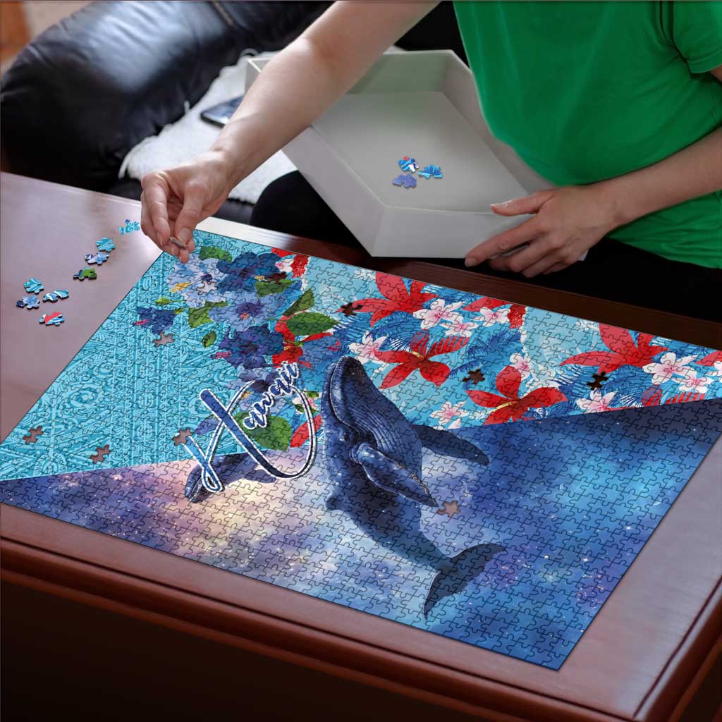 Hawaii Aloha Whales Puzzle Hibiscus and Whales with Polynesian Pattern - Polynesian Pride