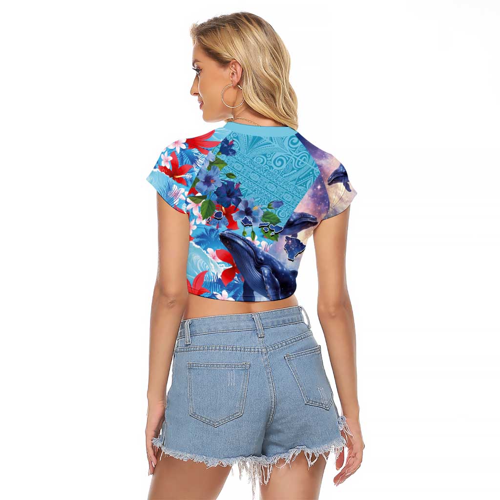 Hawaii Aloha Whales Raglan Cropped T Shirt Hibiscus and Whales with Polynesian Pattern - Polynesian Pride