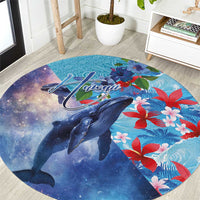 Hawaii Aloha Whales Round Carpet Hibiscus and Whales with Polynesian Pattern LT03 Blue - Polynesian Pride