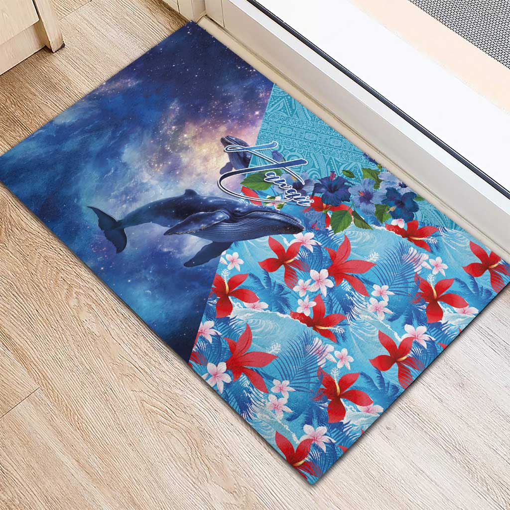 Hawaii Aloha Whales Rubber Doormat Hibiscus and Whales with Polynesian Pattern - Polynesian Pride