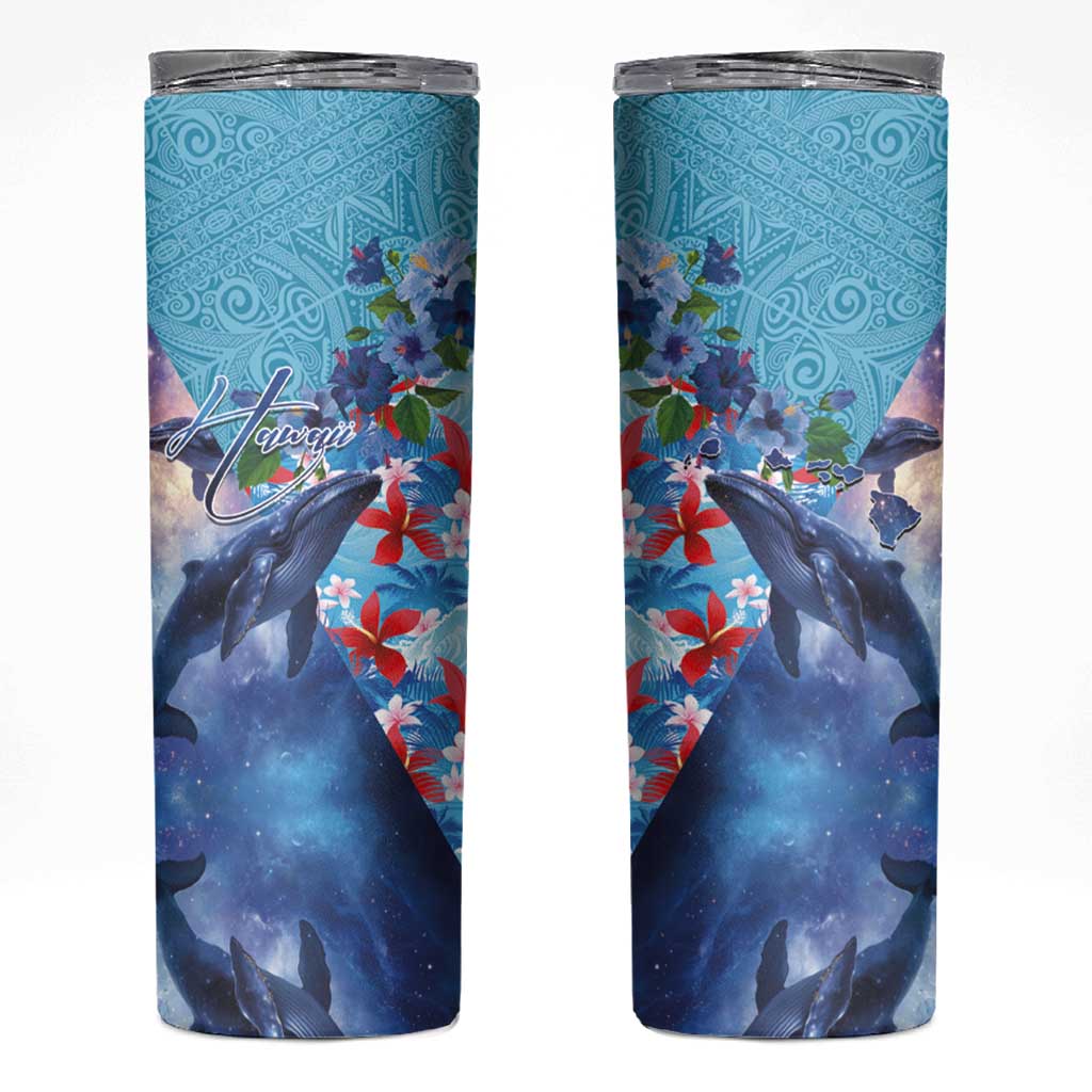 Hawaii Aloha Whales Skinny Tumbler Hibiscus and Whales with Polynesian Pattern - Polynesian Pride