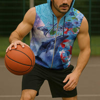 Hawaii Aloha Whales Sleeveless Zip Hoodie Hibiscus and Whales with Polynesian Pattern - Polynesian Pride