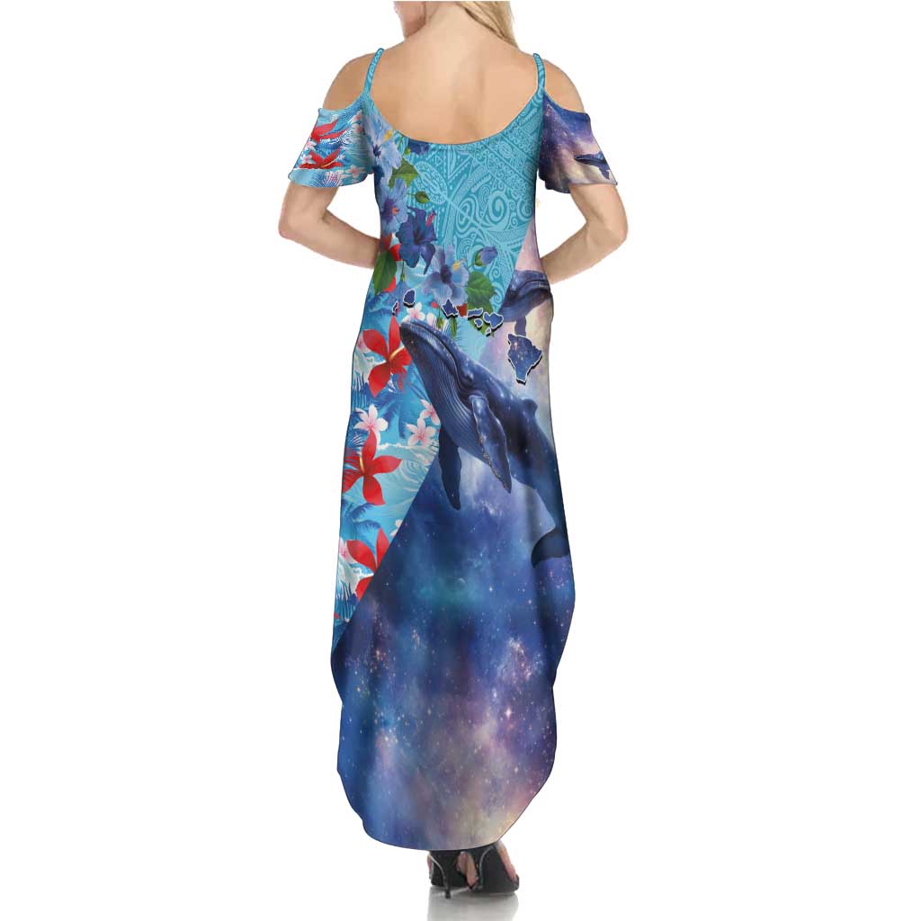 Hawaii Aloha Whales Summer Maxi Dress Hibiscus and Whales with Polynesian Pattern - Polynesian Pride