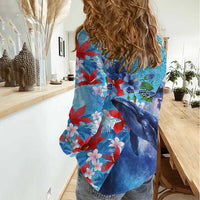 Hawaii Aloha Whales Women Casual Shirt Hibiscus and Whales with Polynesian Pattern - Polynesian Pride