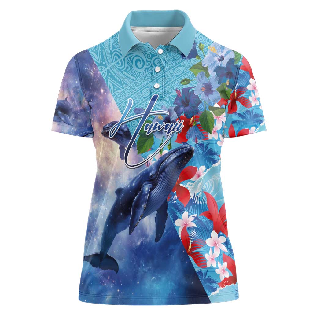 Hawaii Aloha Whales Women Polo Shirt Hibiscus and Whales with Polynesian Pattern - Polynesian Pride