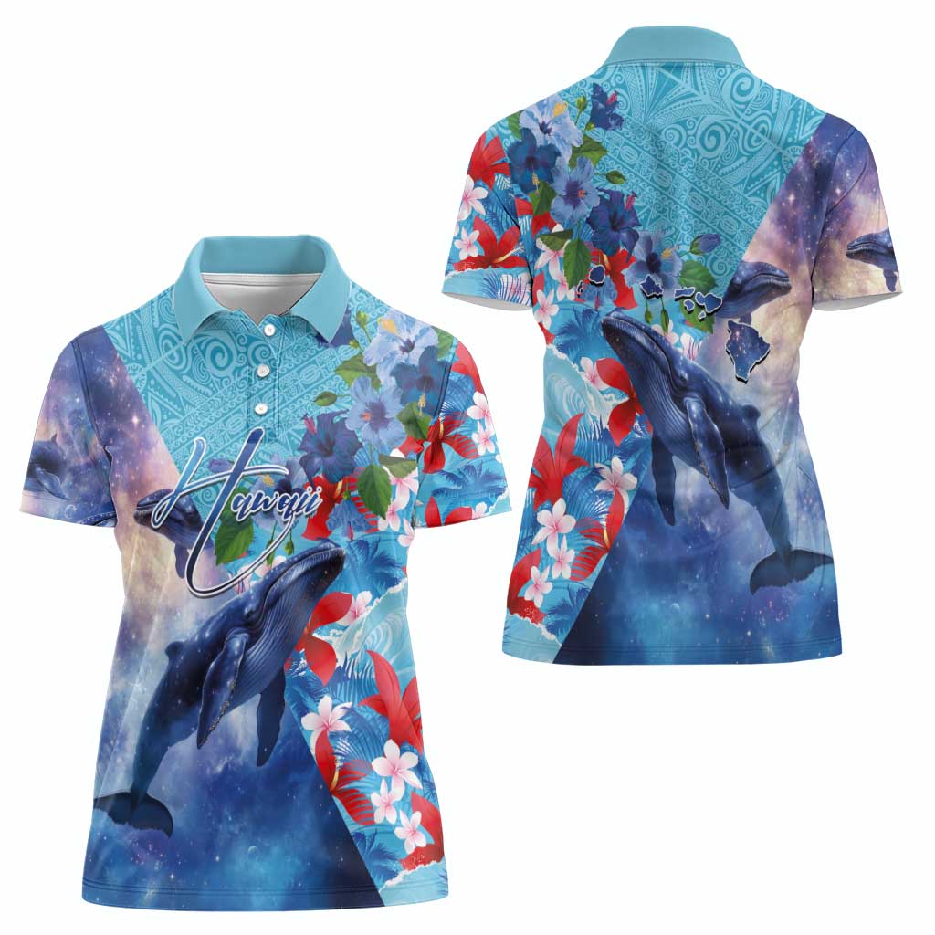 Hawaii Aloha Whales Women Polo Shirt Hibiscus and Whales with Polynesian Pattern - Polynesian Pride