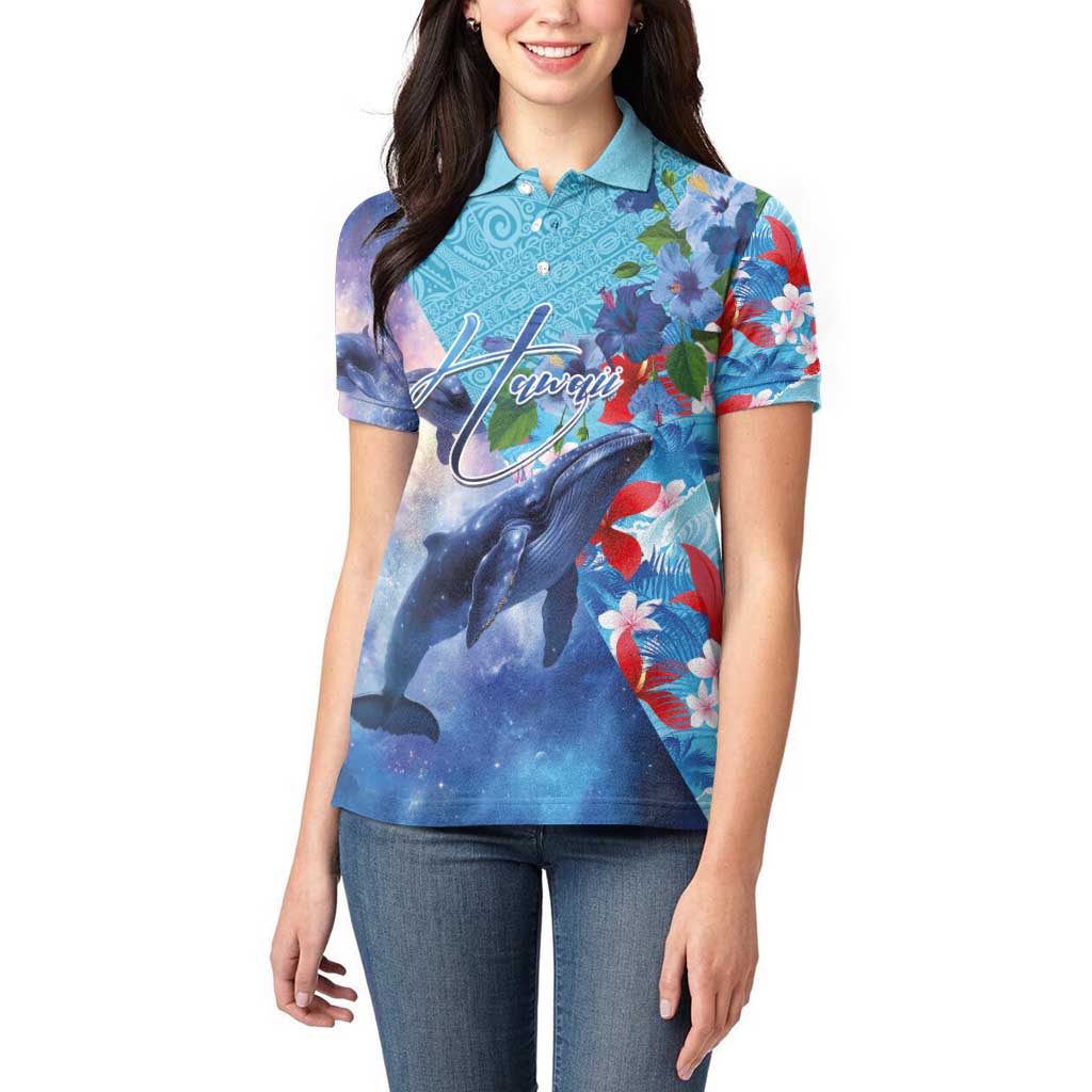 Hawaii Aloha Whales Women Polo Shirt Hibiscus and Whales with Polynesian Pattern - Polynesian Pride