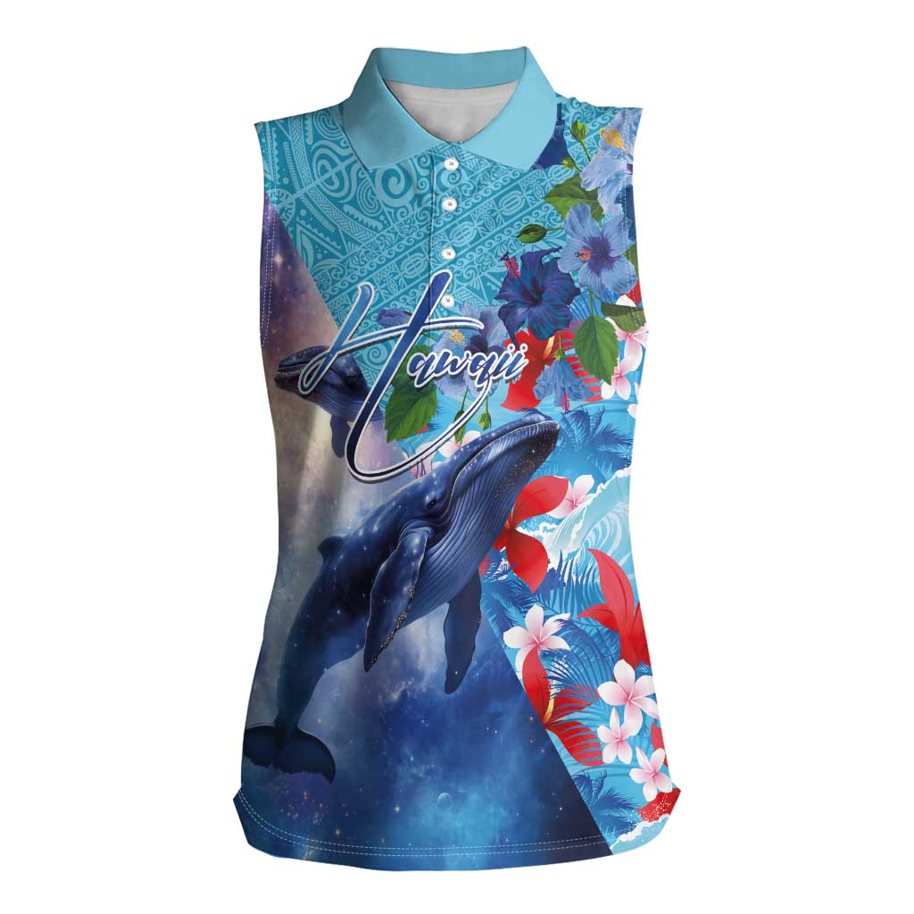 Hawaii Aloha Whales Women Sleeveless Polo Shirt Hibiscus and Whales with Polynesian Pattern - Polynesian Pride
