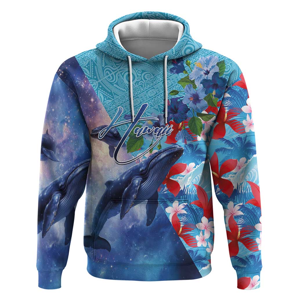Hawaii Aloha Whales Zip Hoodie Hibiscus and Whales with Polynesian Pattern - Polynesian Pride