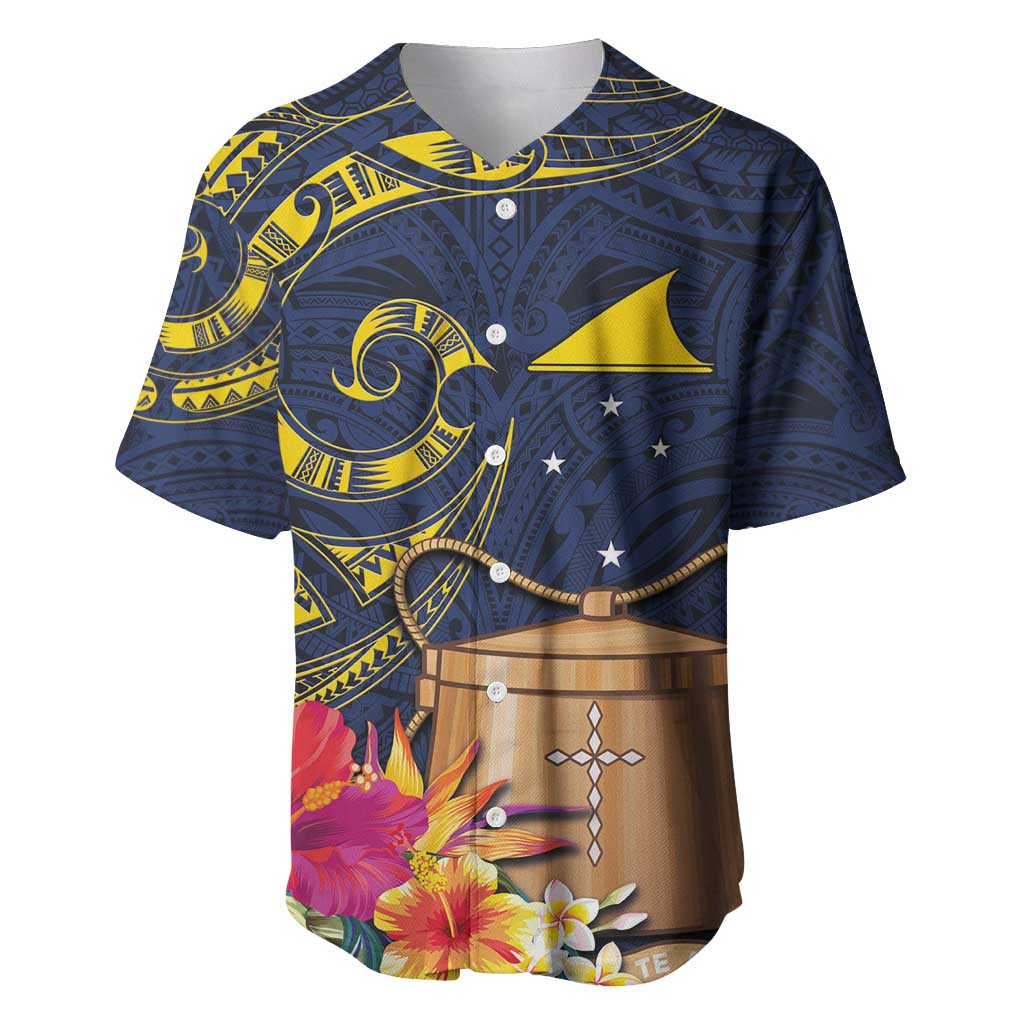 Tokelau Tokehega Day Baseball Jersey Coat of Arms with Polynesian Tattoo and Hibiscus