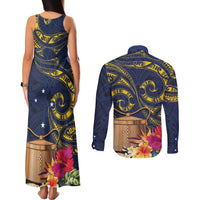 Tokelau Tokehega Day Couples Matching Tank Maxi Dress and Long Sleeve Button Shirt Coat of Arms with Polynesian Tattoo and Hibiscus