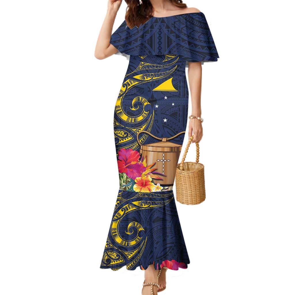 Tokelau Tokehega Day Family Matching Mermaid Dress and Hawaiian Shirt Coat of Arms with Polynesian Tattoo and Hibiscus