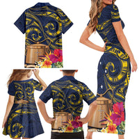 Tokelau Tokehega Day Family Matching Short Sleeve Bodycon Dress and Hawaiian Shirt Coat of Arms with Polynesian Tattoo and Hibiscus