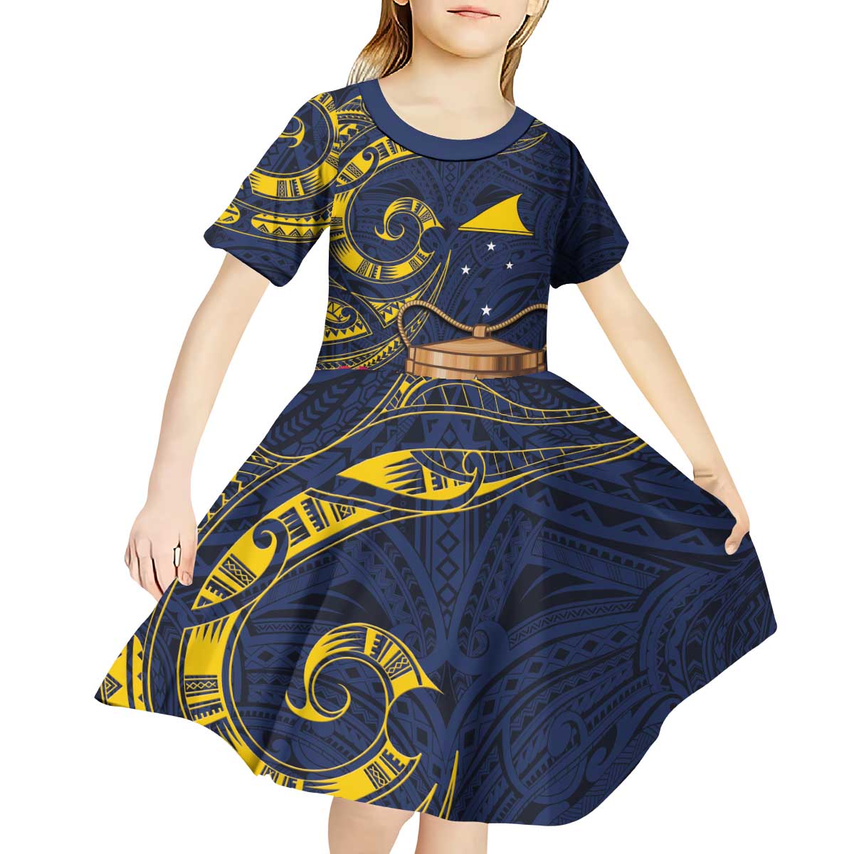 Tokelau Tokehega Day Kid Short Sleeve Dress Coat of Arms with Polynesian Tattoo and Hibiscus