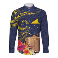 Tokelau Tokehega Day Long Sleeve Button Shirt Coat of Arms with Polynesian Tattoo and Hibiscus LT03 Unisex Blue - Polynesian Pride