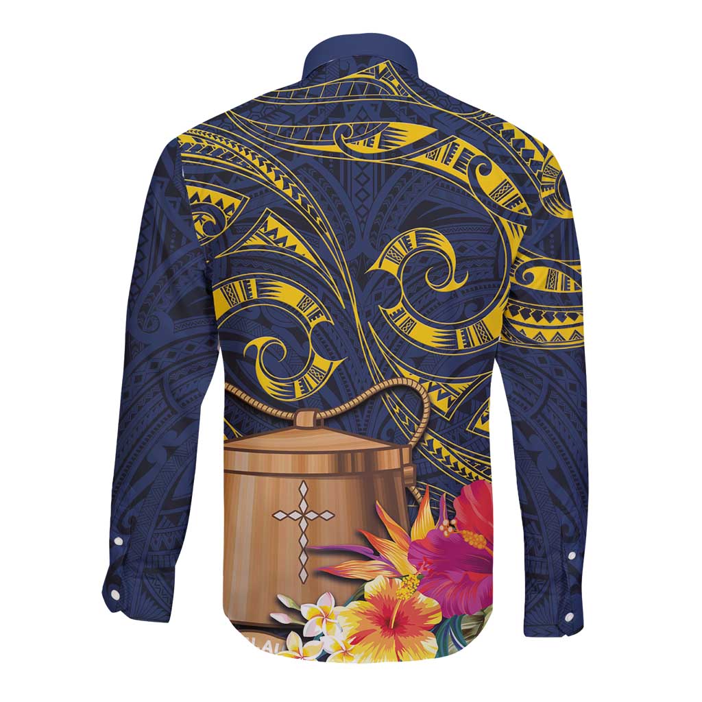 Tokelau Tokehega Day Long Sleeve Button Shirt Coat of Arms with Polynesian Tattoo and Hibiscus LT03 - Polynesian Pride