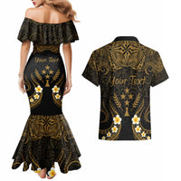 Personalised Kosrae Liberation Day Couples Matching Mermaid Dress and Hawaiian Shirt Polynesian Tattoo and Plumeria Gold Color
