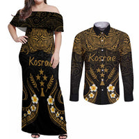 Personalised Kosrae Liberation Day Couples Matching Off Shoulder Maxi Dress and Long Sleeve Button Shirt Polynesian Tattoo and Plumeria Gold Color LT03 Gold - Polynesian Pride