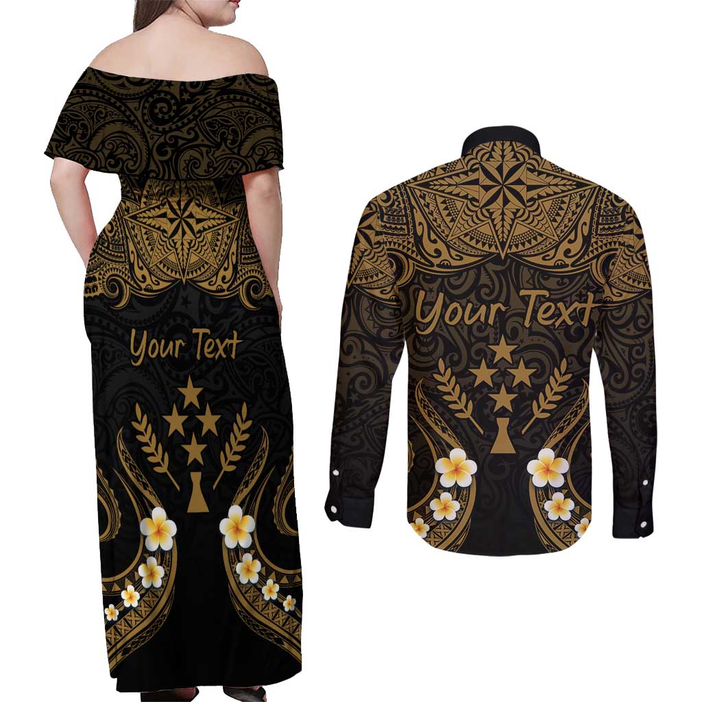 Personalised Kosrae Liberation Day Couples Matching Off Shoulder Maxi Dress and Long Sleeve Button Shirt Polynesian Tattoo and Plumeria Gold Color LT03 - Polynesian Pride