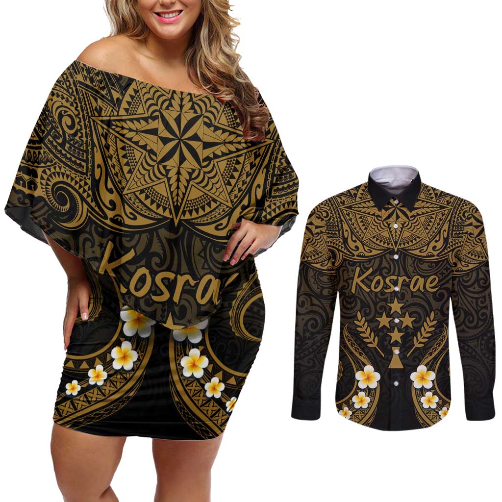 Personalised Kosrae Liberation Day Couples Matching Off Shoulder Short Dress and Long Sleeve Button Shirt Polynesian Tattoo and Plumeria Gold Color LT03 Gold - Polynesian Pride