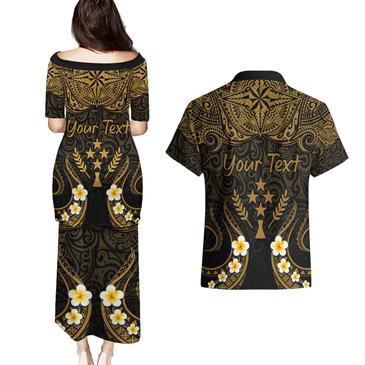 Personalised Kosrae Liberation Day Couples Matching Puletasi and Hawaiian Shirt Polynesian Tattoo and Plumeria Gold Color