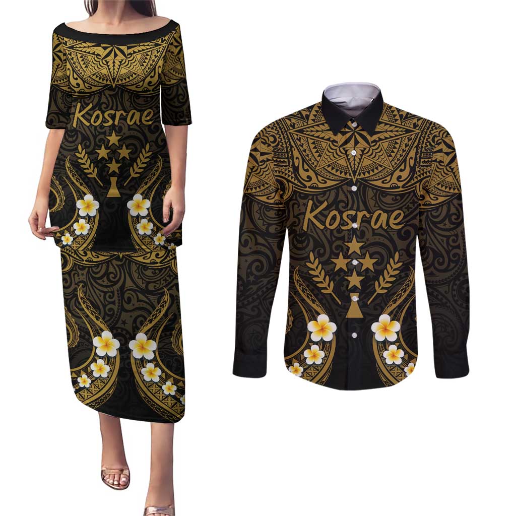 Personalised Kosrae Liberation Day Couples Matching Puletasi and Long Sleeve Button Shirt Polynesian Tattoo and Plumeria Gold Color LT03 Gold - Polynesian Pride
