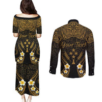 Personalised Kosrae Liberation Day Couples Matching Puletasi and Long Sleeve Button Shirt Polynesian Tattoo and Plumeria Gold Color LT03 - Polynesian Pride