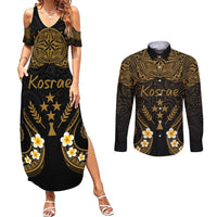 Personalised Kosrae Liberation Day Couples Matching Summer Maxi Dress and Long Sleeve Button Shirt Polynesian Tattoo and Plumeria Gold Color LT03 Gold - Polynesian Pride