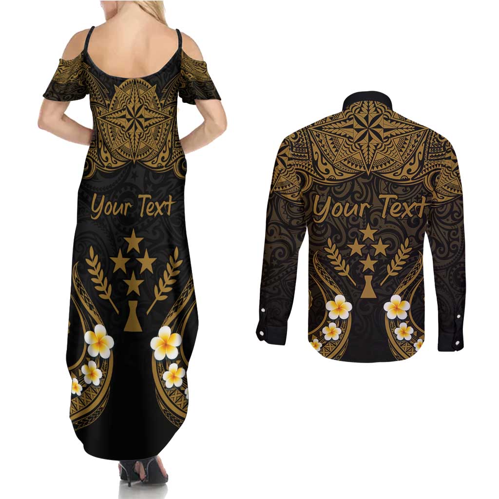 Personalised Kosrae Liberation Day Couples Matching Summer Maxi Dress and Long Sleeve Button Shirt Polynesian Tattoo and Plumeria Gold Color LT03 - Polynesian Pride