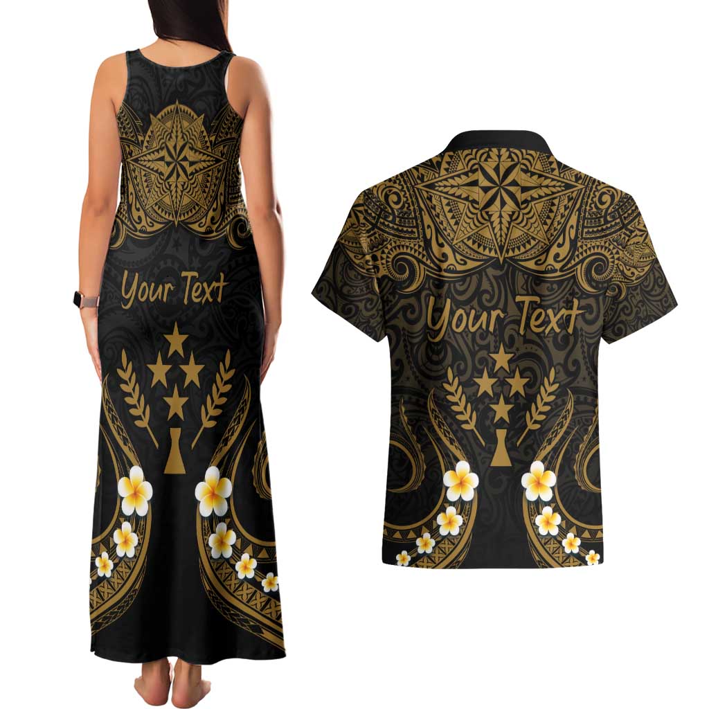 Personalised Kosrae Liberation Day Couples Matching Tank Maxi Dress and Hawaiian Shirt Polynesian Tattoo and Plumeria Gold Color