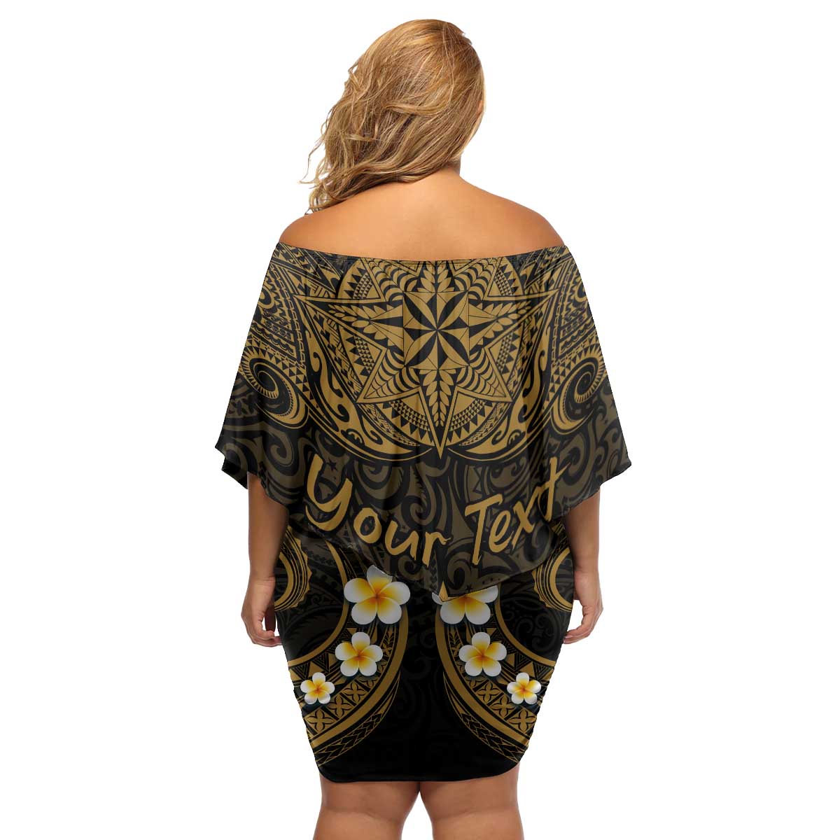 Personalised Kosrae Liberation Day Family Matching Off Shoulder Short Dress and Hawaiian Shirt Polynesian Tattoo and Plumeria Gold Color LT03 - Polynesian Pride
