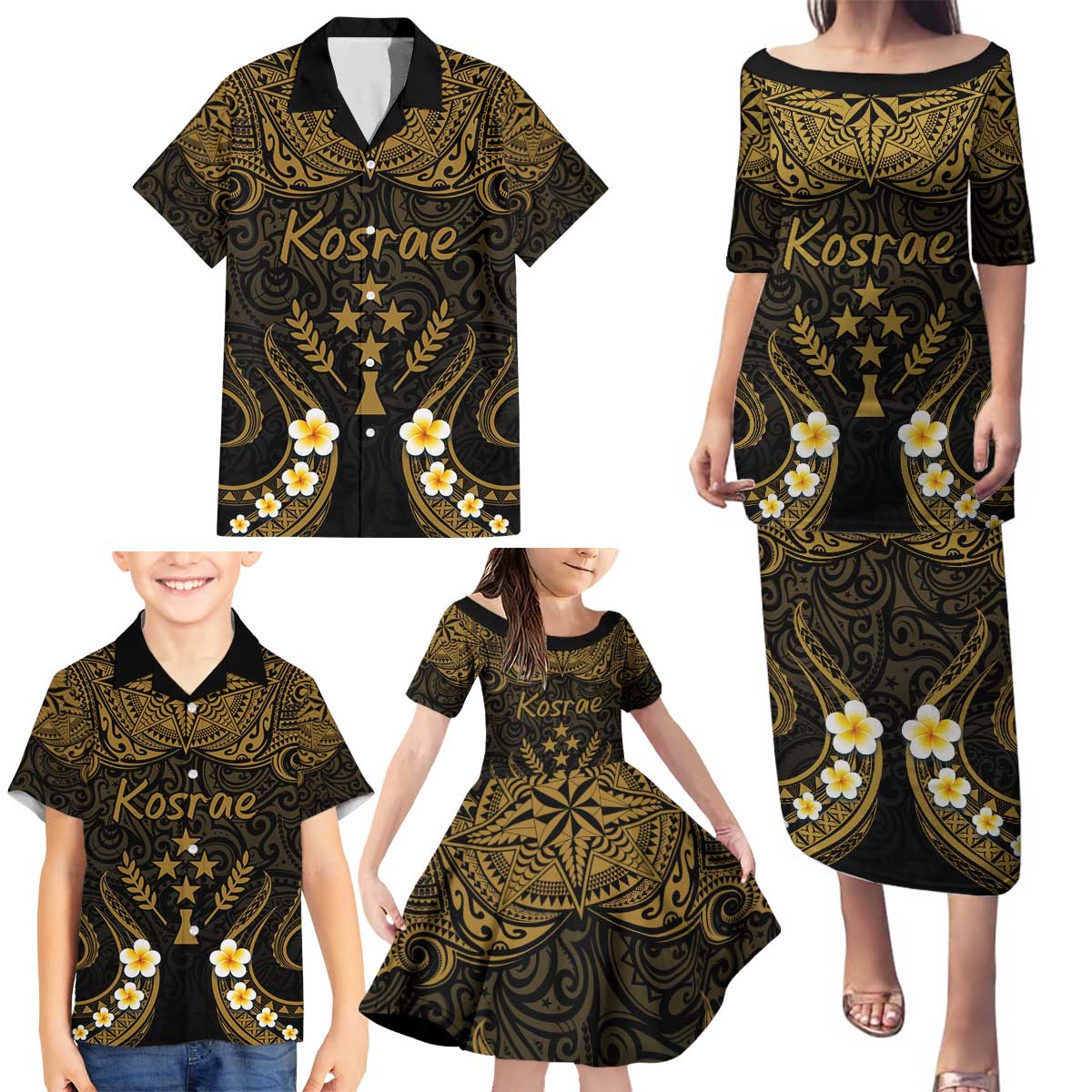 Personalised Kosrae Liberation Day Family Matching Puletasi and Hawaiian Shirt Polynesian Tattoo and Plumeria Gold Color LT03 - Polynesian Pride
