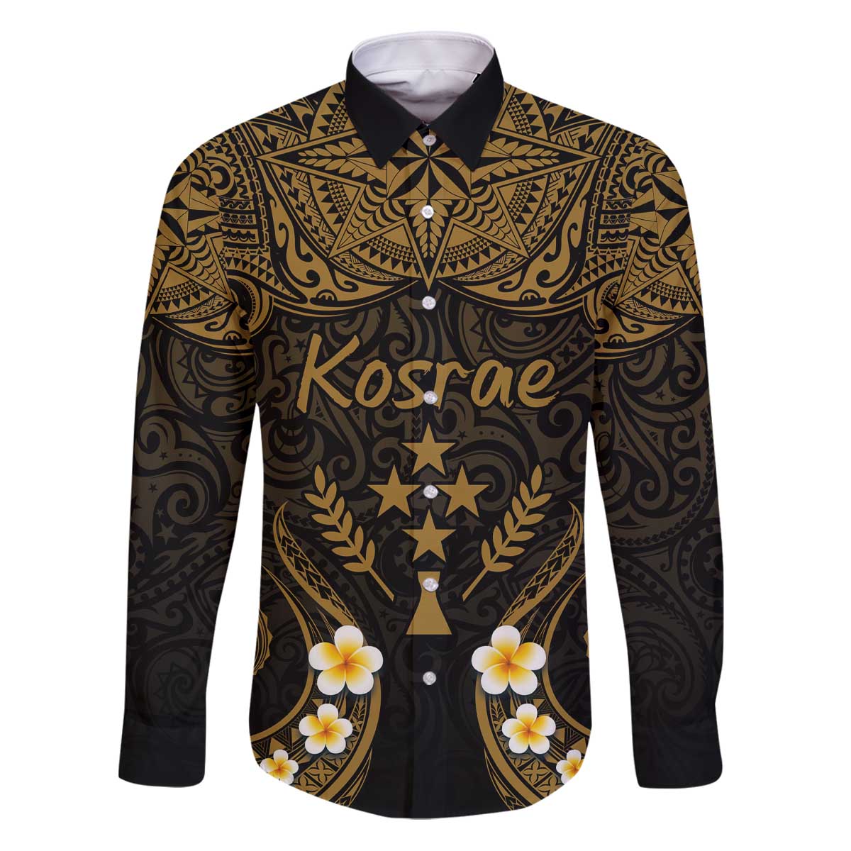 Personalised Kosrae Liberation Day Family Matching Puletasi and Hawaiian Shirt Polynesian Tattoo and Plumeria Gold Color LT03 Dad's Shirt - Long Sleeve Gold - Polynesian Pride