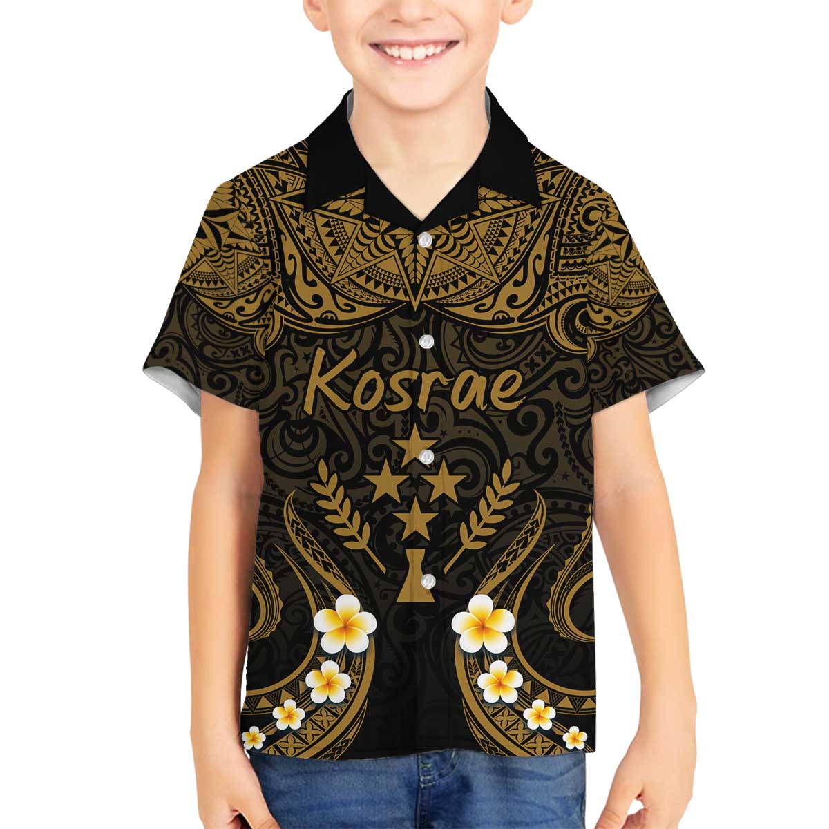 Personalised Kosrae Liberation Day Family Matching Puletasi and Hawaiian Shirt Polynesian Tattoo and Plumeria Gold Color LT03 Son's Shirt Gold - Polynesian Pride