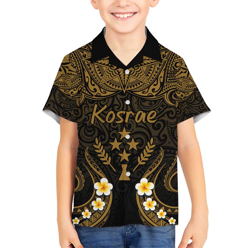 Personalised Kosrae Liberation Day Hawaiian Shirt Polynesian Tattoo and Plumeria Gold Color