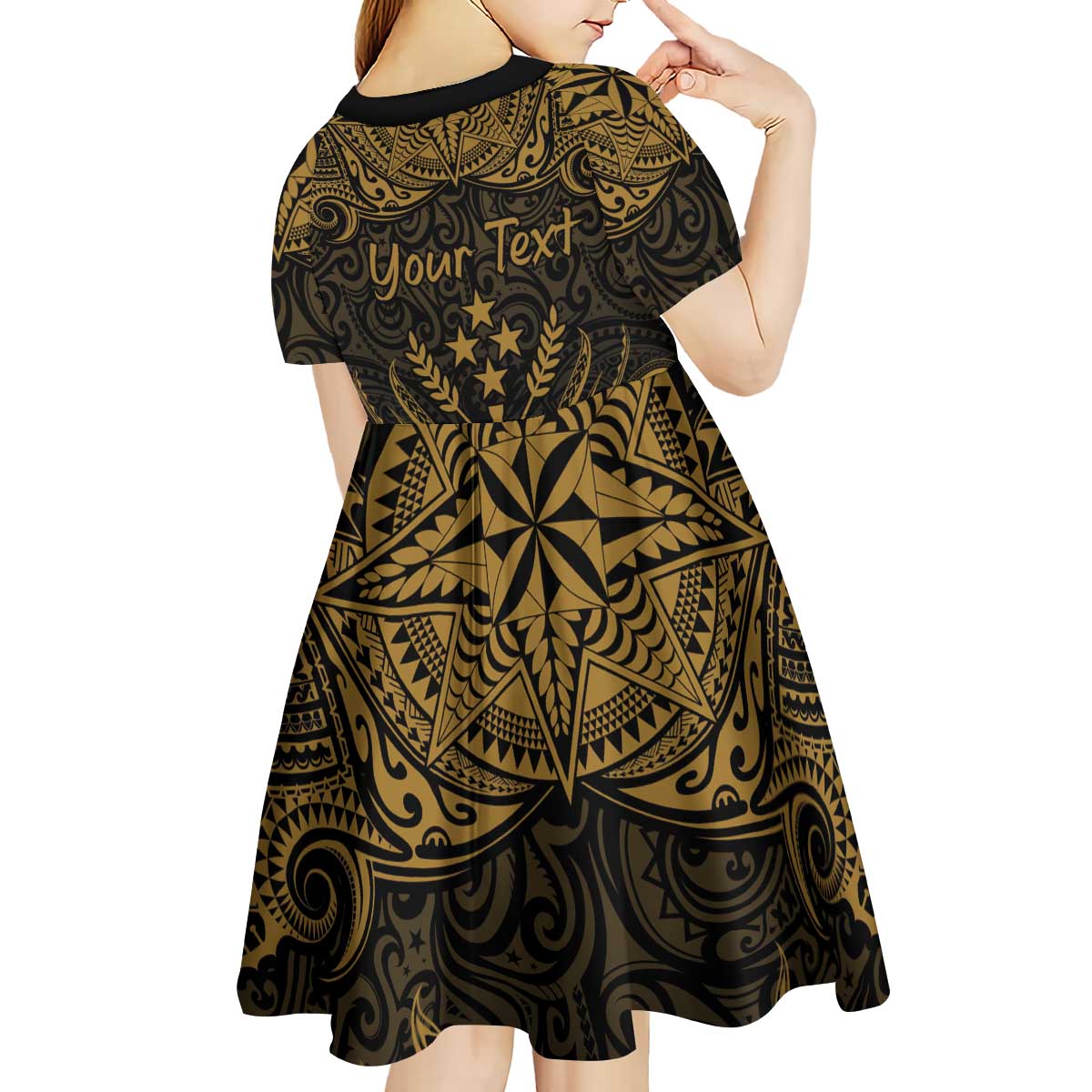 Personalised Kosrae Liberation Day Kid Short Sleeve Dress Polynesian Tattoo and Plumeria Gold Color LT03 - Polynesian Pride