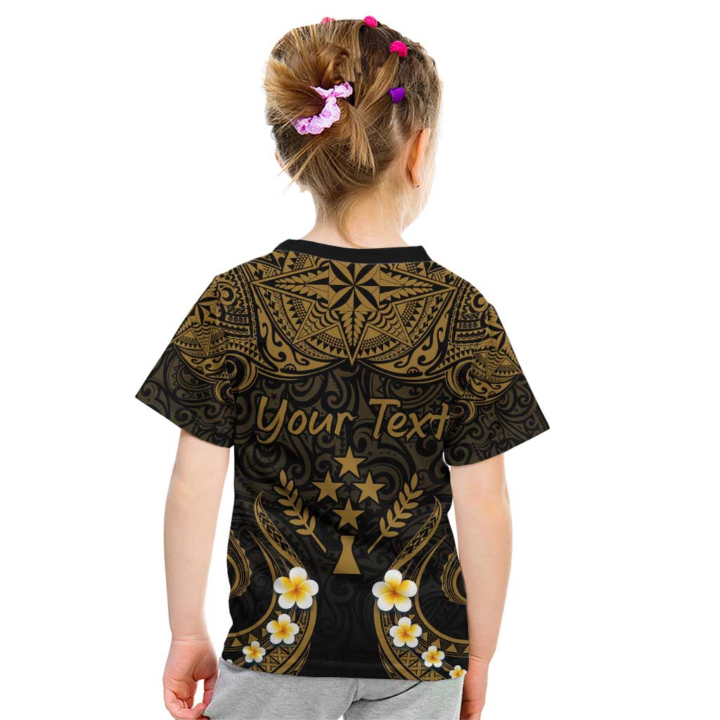 Personalised Kosrae Liberation Day Kid T Shirt Polynesian Tattoo and Plumeria Gold Color LT03 - Polynesian Pride