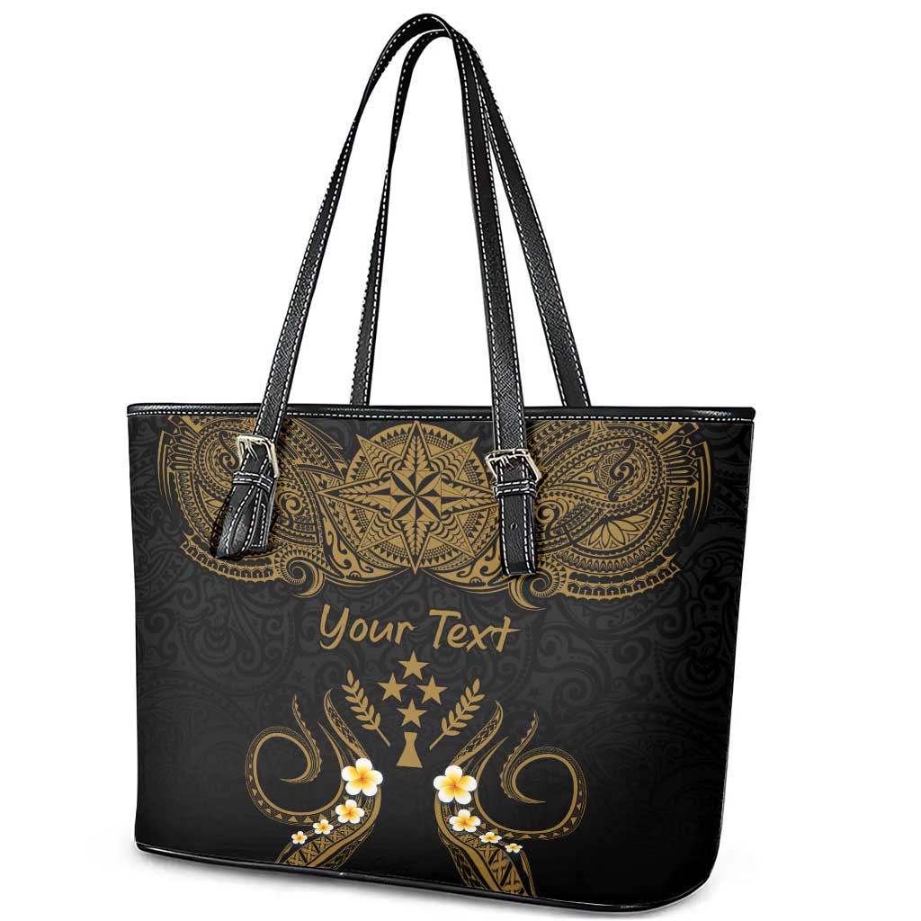 Personalised Kosrae Liberation Day Leather Tote Bag Polynesian Tattoo and Plumeria Gold Color