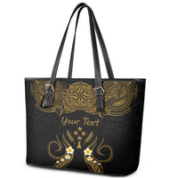 Personalised Kosrae Liberation Day Leather Tote Bag Polynesian Tattoo and Plumeria Gold Color