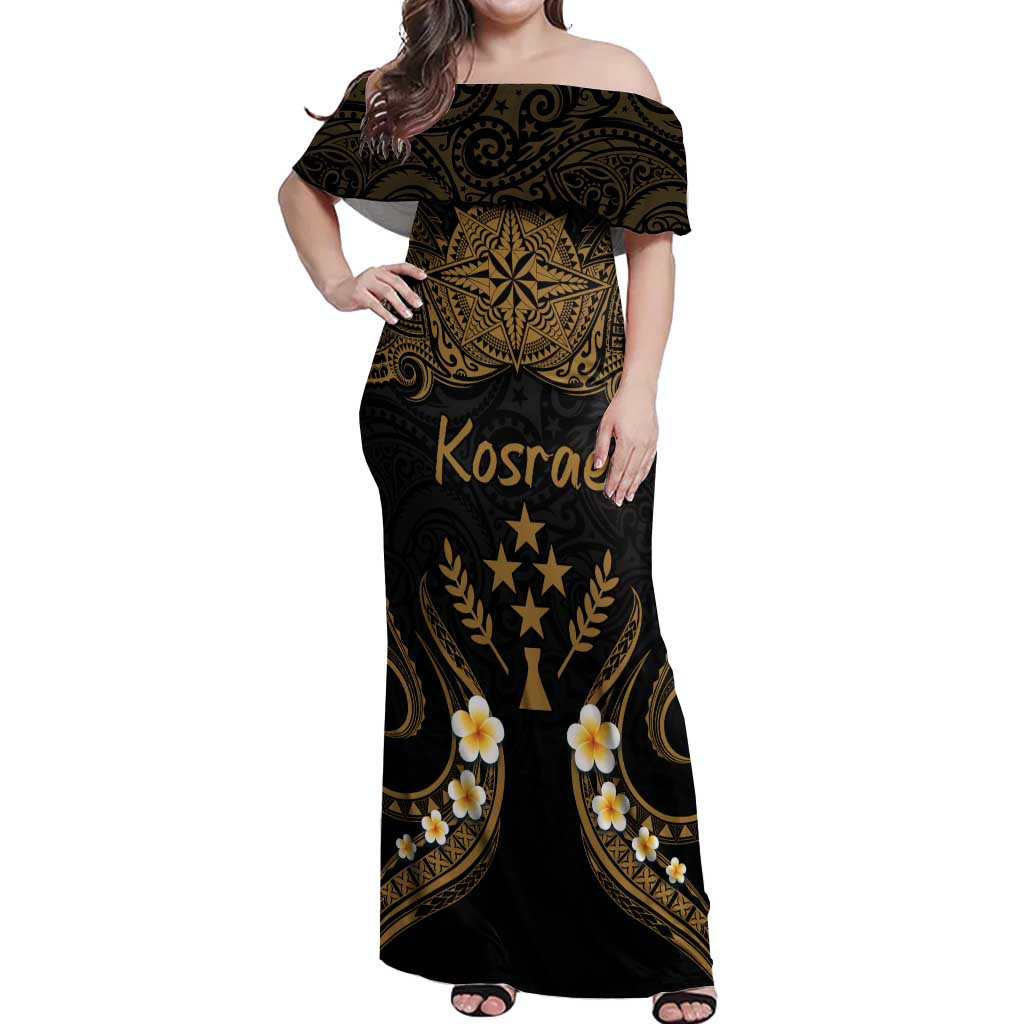 Personalised Kosrae Liberation Day Off Shoulder Maxi Dress Polynesian Tattoo and Plumeria Gold Color LT03 Women Gold - Polynesian Pride