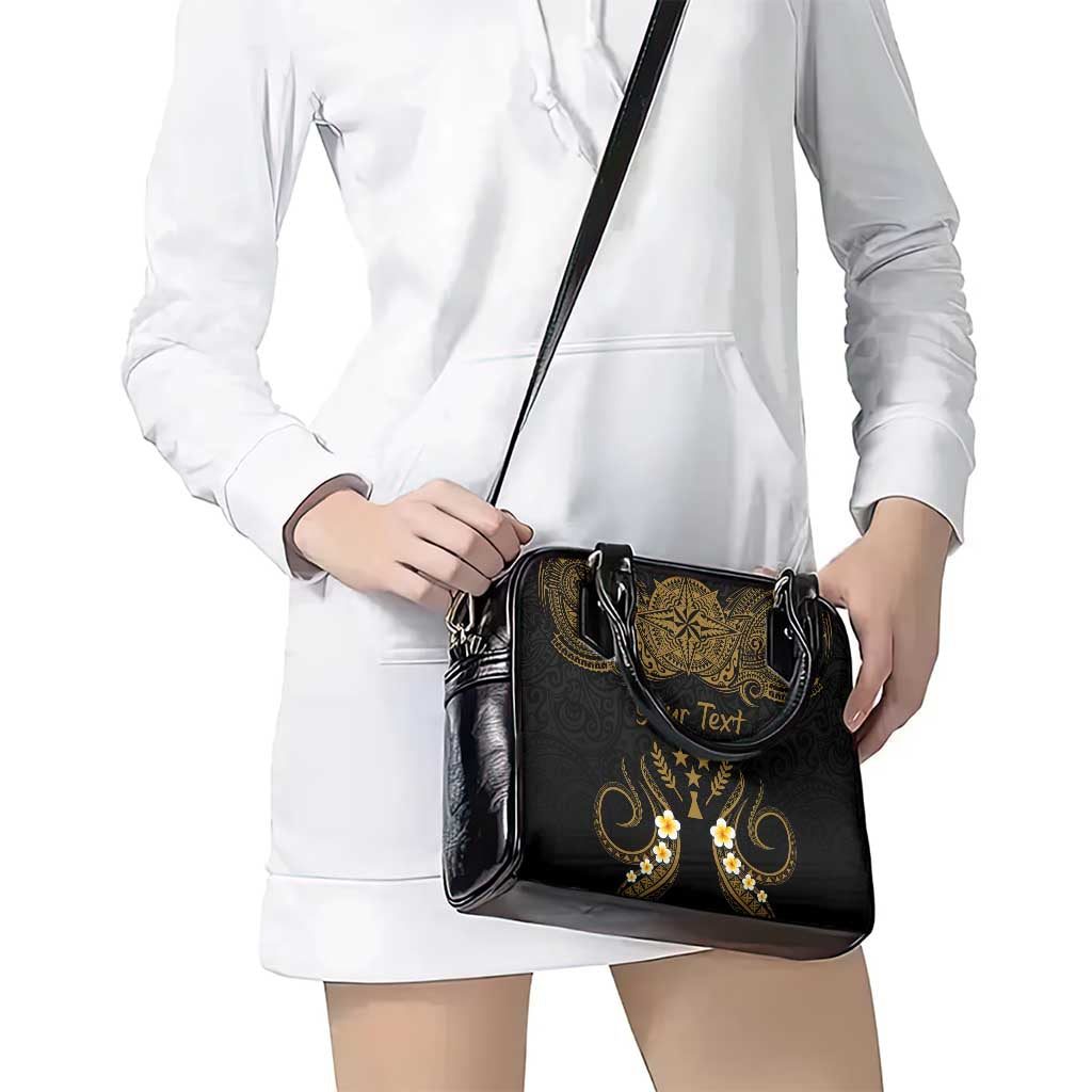 Personalised Kosrae Liberation Day Shoulder Handbag Polynesian Tattoo and Plumeria Gold Color